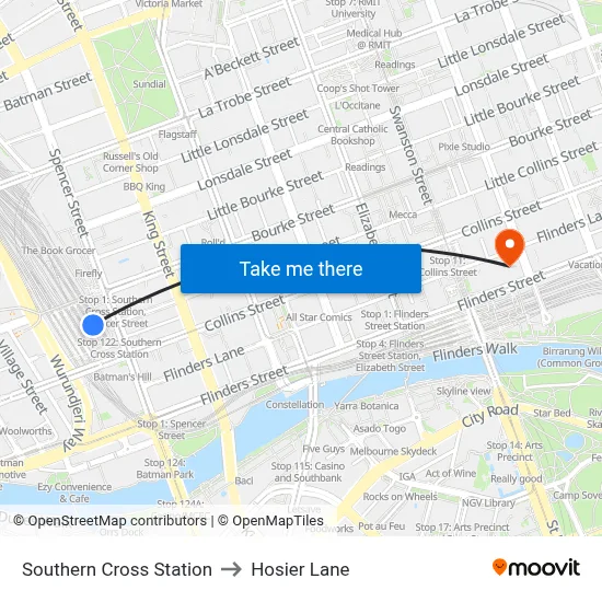 Southern Cross Station to Hosier Lane map