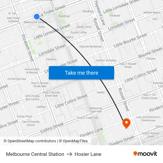 Melbourne Central Station to Hosier Lane map