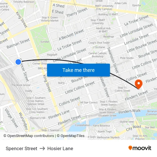 Spencer Street to Hosier Lane map