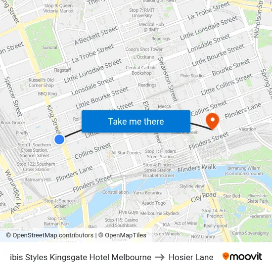 ibis Styles Kingsgate Hotel Melbourne to Hosier Lane map