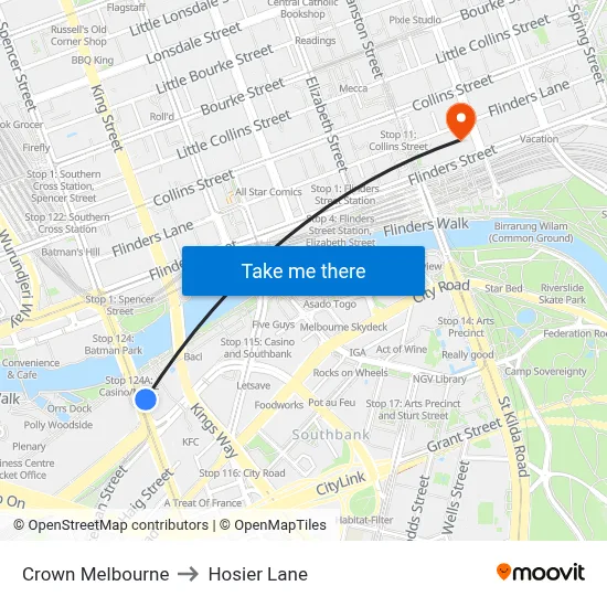 Crown Melbourne to Hosier Lane map