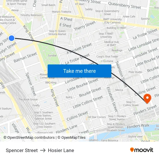 Spencer Street to Hosier Lane map