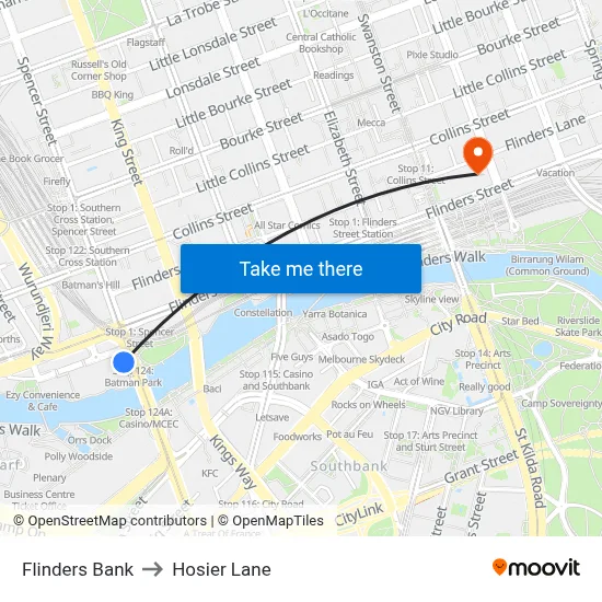 Flinders Bank to Hosier Lane map