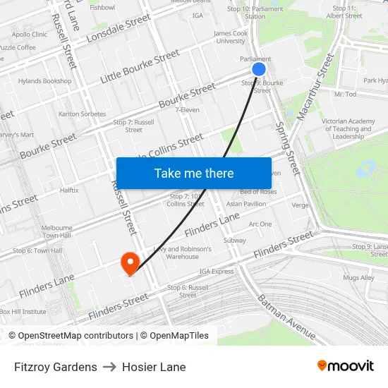 Fitzroy Gardens to Hosier Lane map