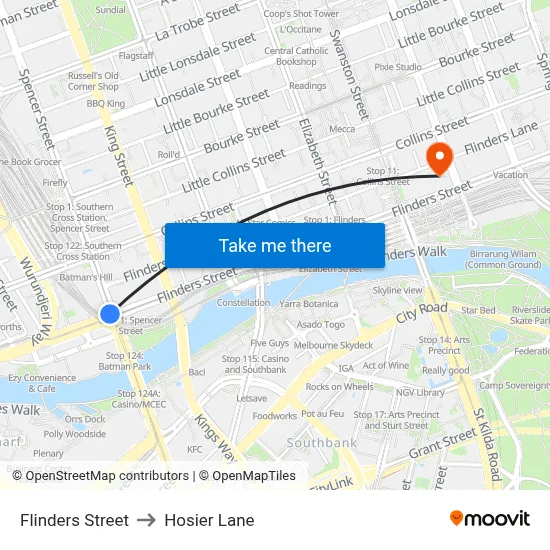 Flinders Street to Hosier Lane map