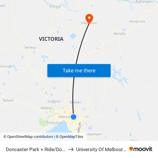 Doncaster Park + Ride/Doncaster Rd (Doncaster) to University Of Melbourne Accommodation map