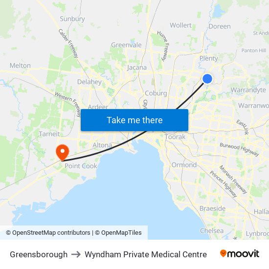 Greensborough to Wyndham Private Medical Centre map