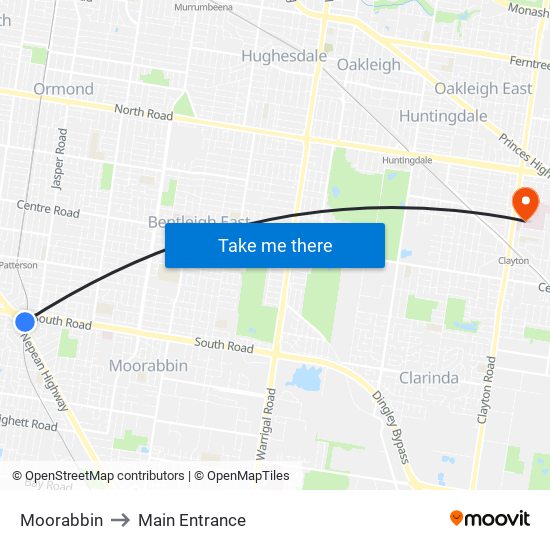 Moorabbin to Main Entrance map