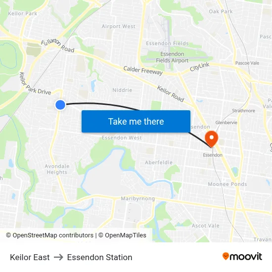 Keilor East to Essendon Station map