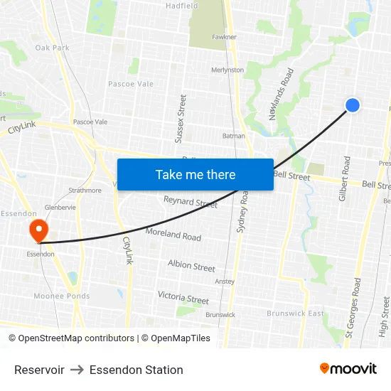 Reservoir to Essendon Station map