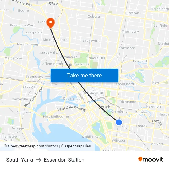 South Yarra to Essendon Station map