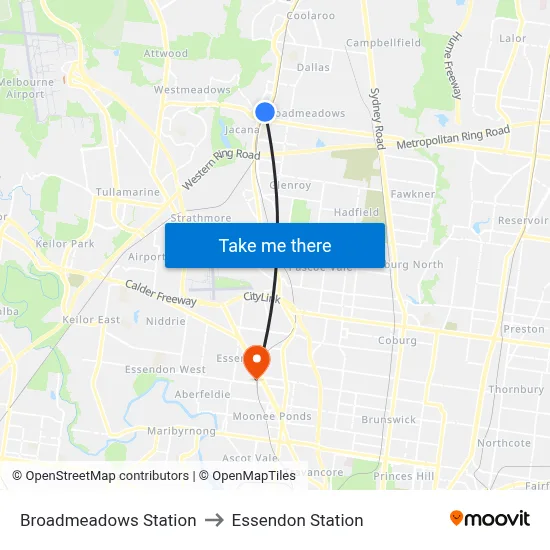 Broadmeadows Station to Essendon Station map