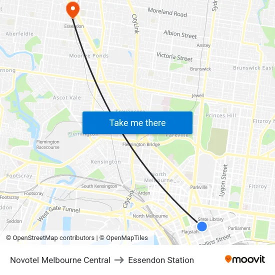 Novotel Melbourne Central to Essendon Station map