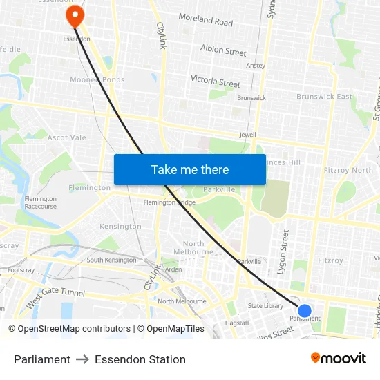 Parliament to Essendon Station map