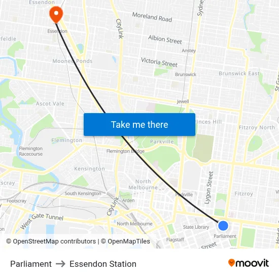 Parliament to Essendon Station map