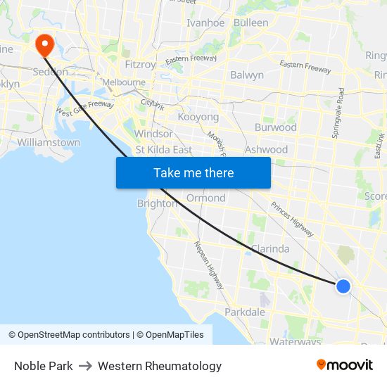 Noble Park to Western Rheumatology map