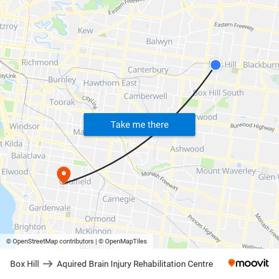 Box Hill to Aquired Brain Injury Rehabilitation Centre map