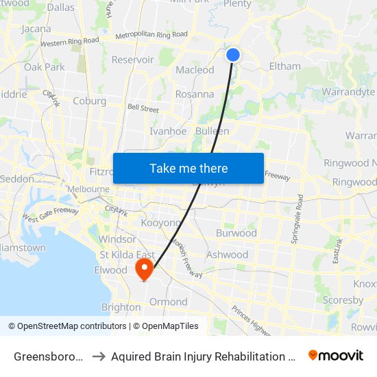 Greensborough to Aquired Brain Injury Rehabilitation Centre map