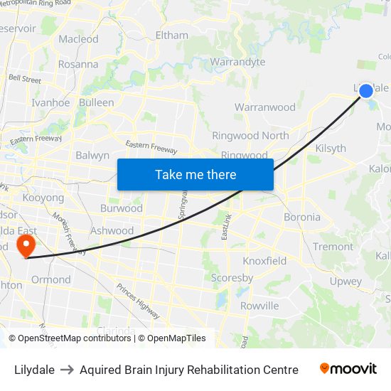 Lilydale to Aquired Brain Injury Rehabilitation Centre map