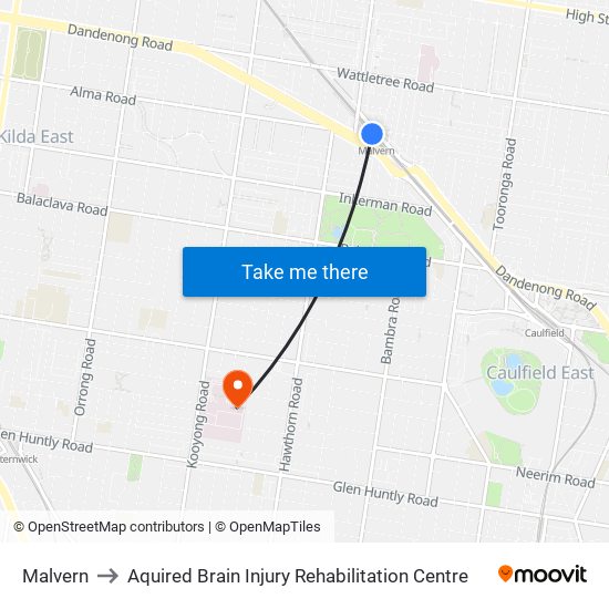 Malvern to Aquired Brain Injury Rehabilitation Centre map