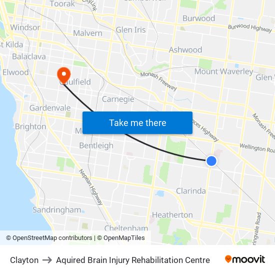 Clayton to Aquired Brain Injury Rehabilitation Centre map