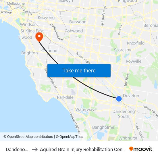 Dandenong to Aquired Brain Injury Rehabilitation Centre map