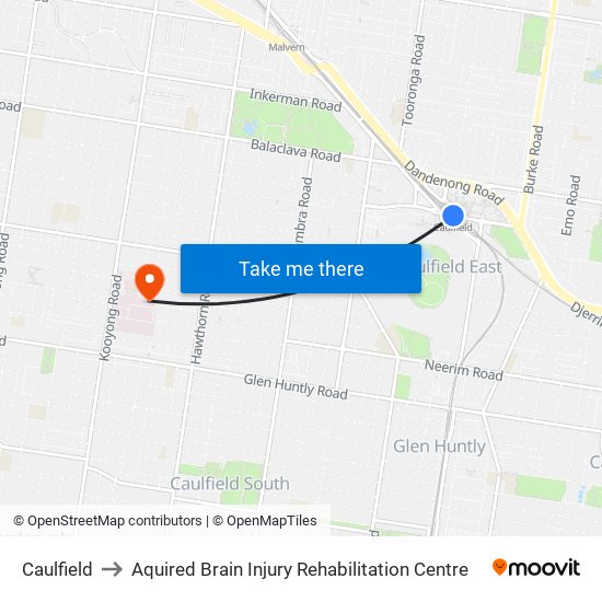 Caulfield to Aquired Brain Injury Rehabilitation Centre map