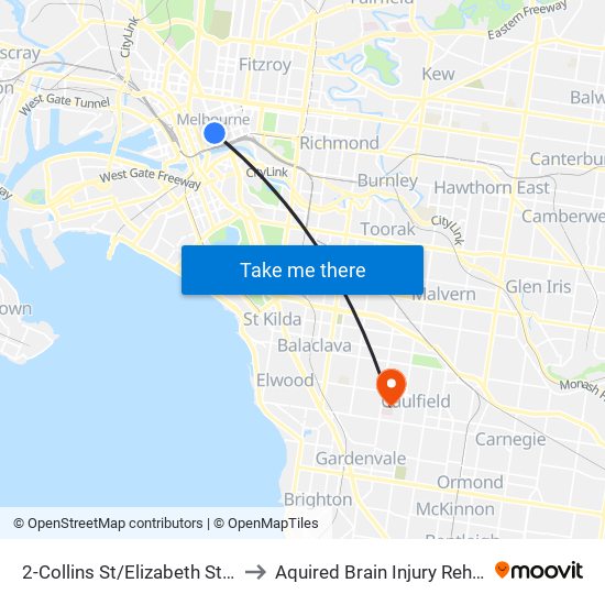 2-Collins St/Elizabeth St (Melbourne City) to Aquired Brain Injury Rehabilitation Centre map