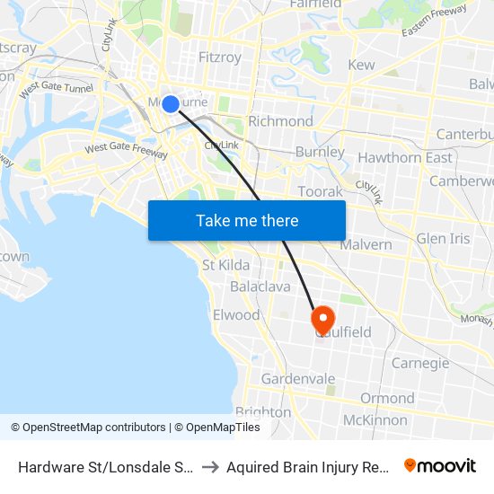 Hardware St/Lonsdale St (Melbourne City) to Aquired Brain Injury Rehabilitation Centre map