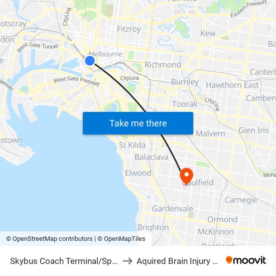 Skybus Coach Terminal/Spencer St (Melbourne City) to Aquired Brain Injury Rehabilitation Centre map