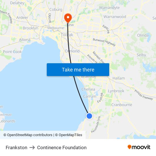 Frankston to Continence Foundation map