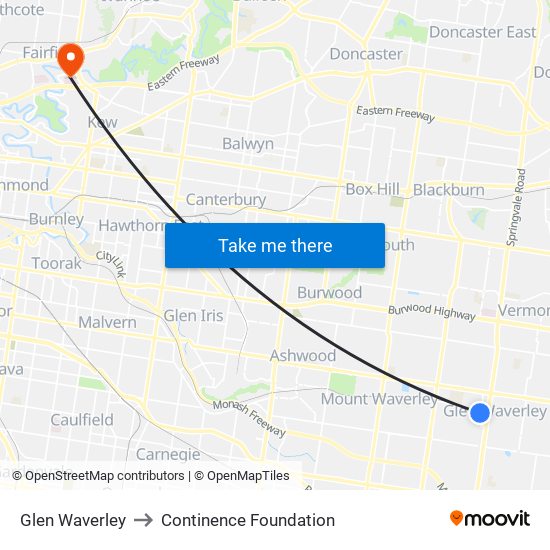 Glen Waverley to Continence Foundation map