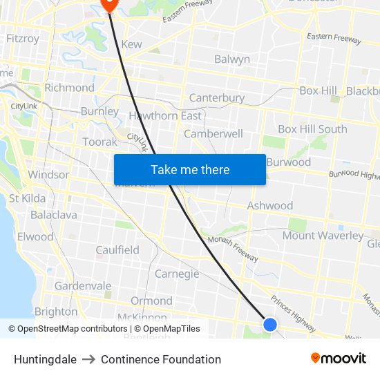 Huntingdale to Continence Foundation map