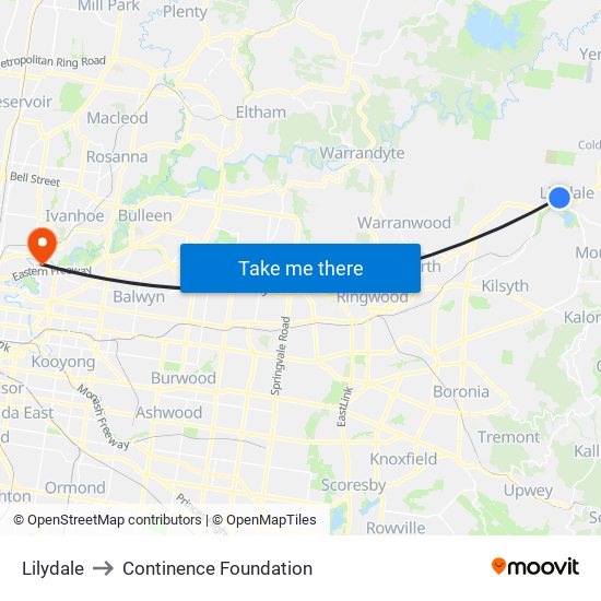 Lilydale to Continence Foundation map