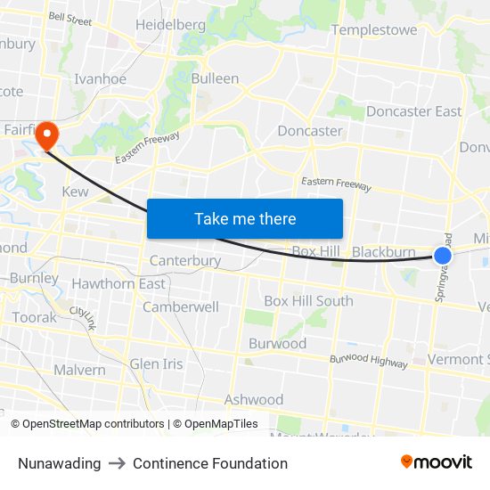 Nunawading to Continence Foundation map