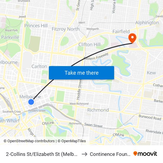 2-Collins St/Elizabeth St (Melbourne City) to Continence Foundation map