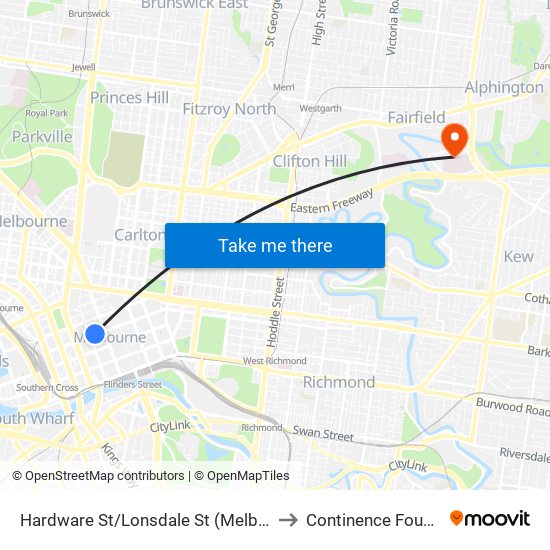 Hardware St/Lonsdale St (Melbourne City) to Continence Foundation map