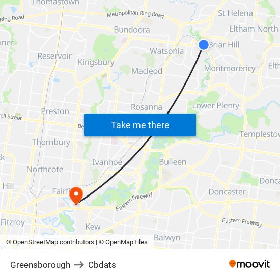 Greensborough to Cbdats map