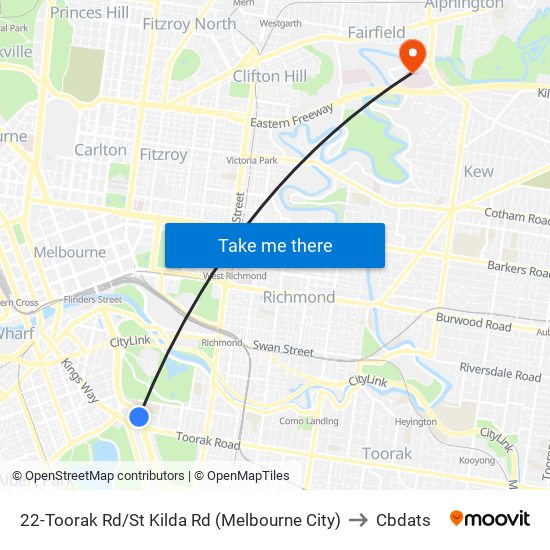 22-Toorak Rd/St Kilda Rd (Melbourne City) to Cbdats map