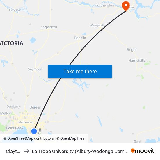 Clayton to La Trobe University (Albury-Wodonga Campus) map