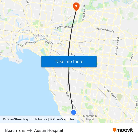 Beaumaris to Austin Hospital map