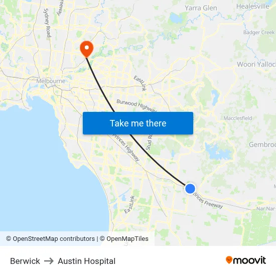 Berwick to Austin Hospital map