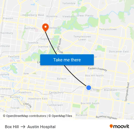 Box Hill to Austin Hospital map