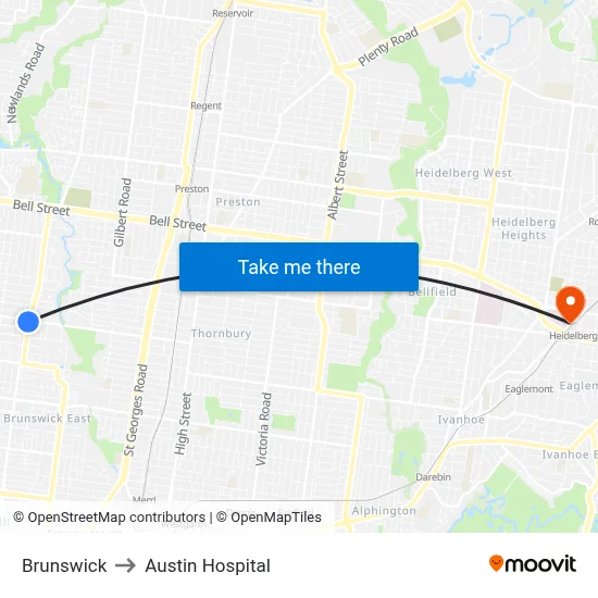Brunswick to Austin Hospital map