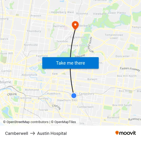 Camberwell to Austin Hospital map