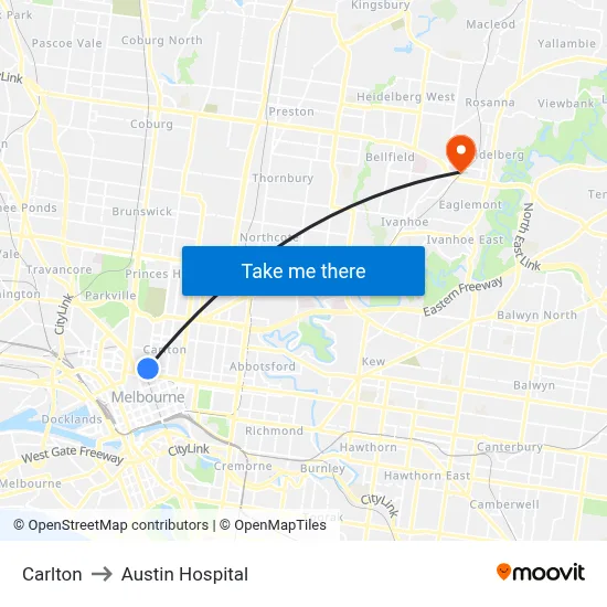 Carlton to Austin Hospital map