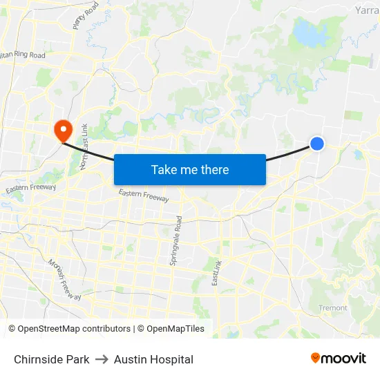 Chirnside Park to Austin Hospital map