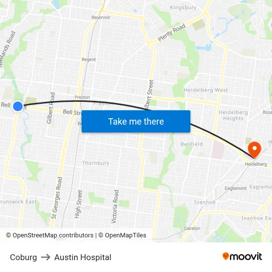 Coburg to Austin Hospital map