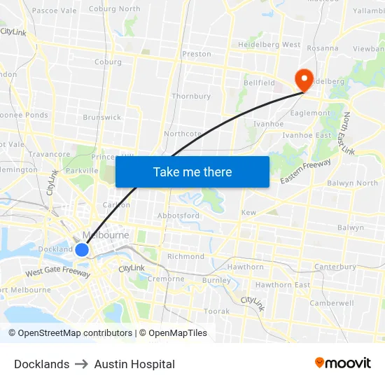 Docklands to Austin Hospital map