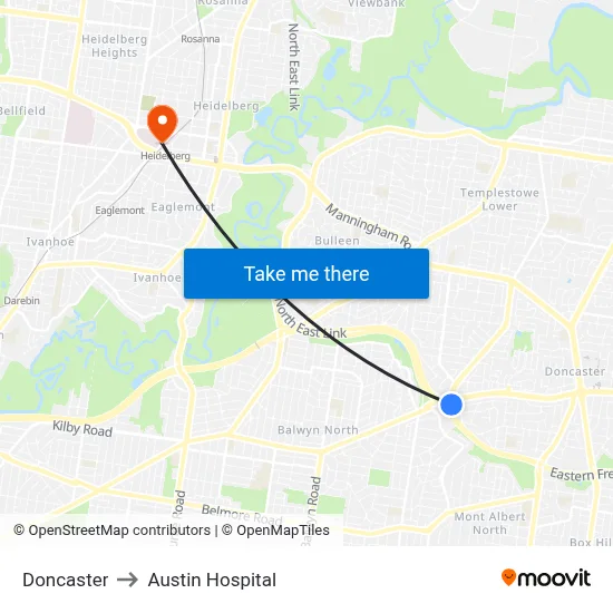 Doncaster to Austin Hospital map